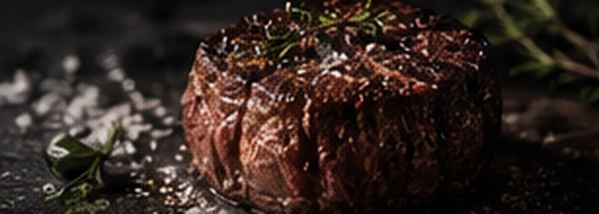 A centre-cut fillet, crusted with pepper and sea salt, resting on dark stone.