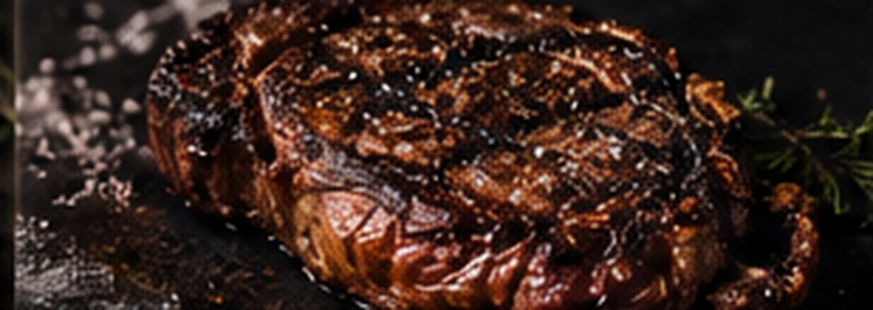 A bone-in ribeye, fat cap rendered dark against the coals.
