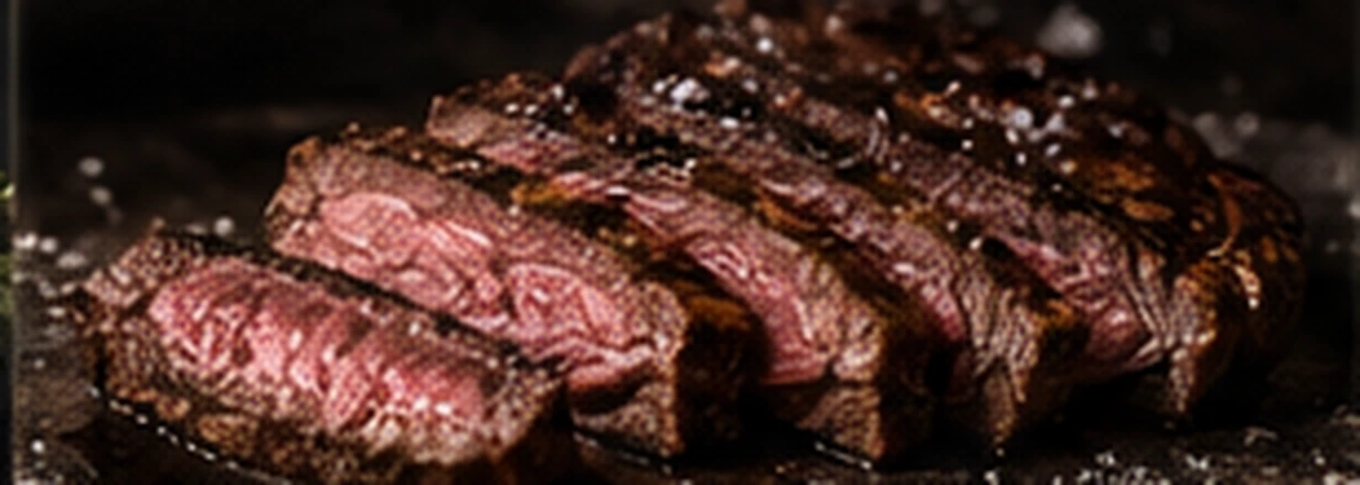 A thick-cut sirloin aged on the bone, sliced open to a rare centre.