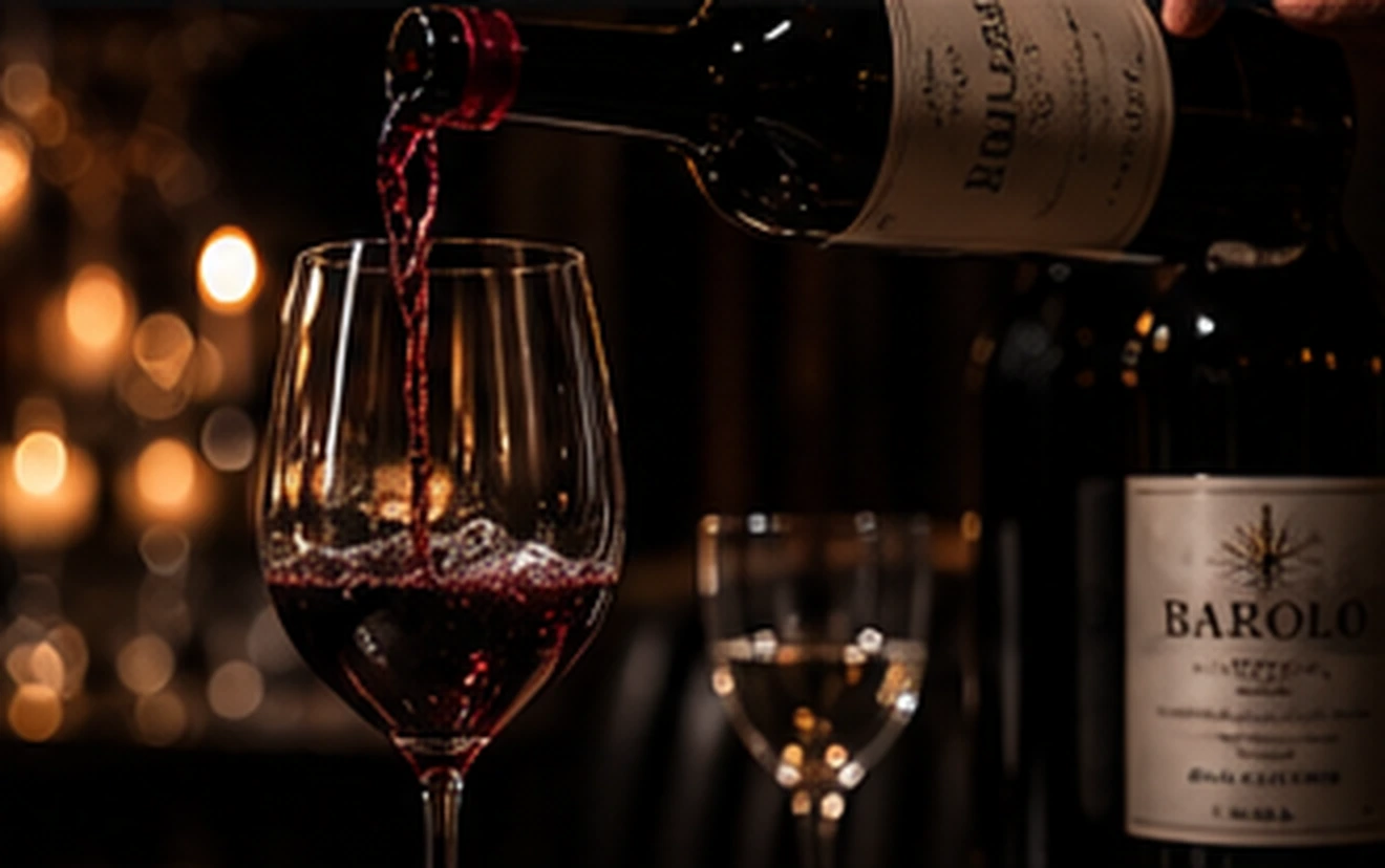 Red wine poured into a glass against dark timber.