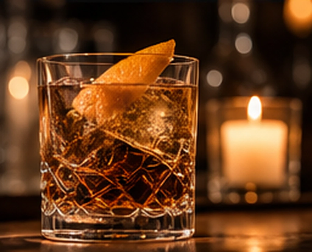 A smoked old fashioned over a single block of ice at the bar.
