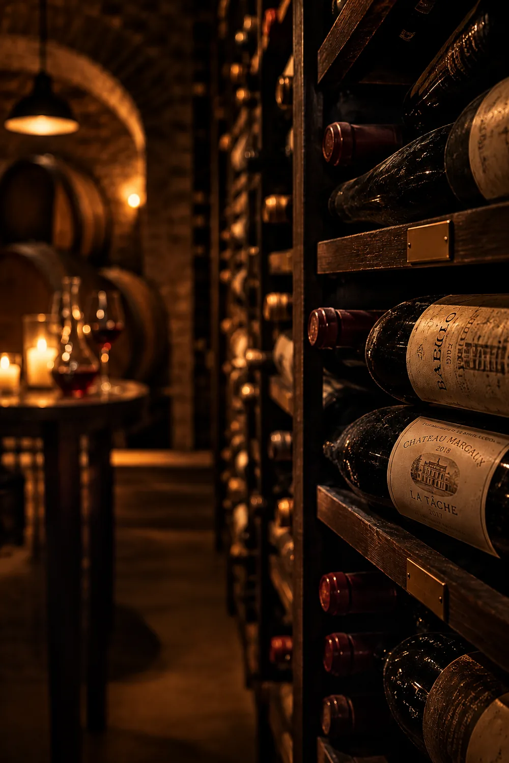 Bottles racked in low light under the brick arches of the cellar.
